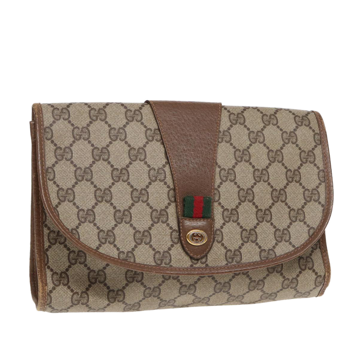 GUCCI GG Supreme Web Sherry Line Clutch Bag PVC Beige Gold 89 01 030 th5260