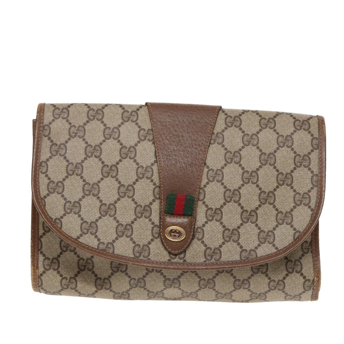GUCCI GG Supreme Web Sherry Line Clutch Bag PVC Beige Gold 89 01 030 th5260