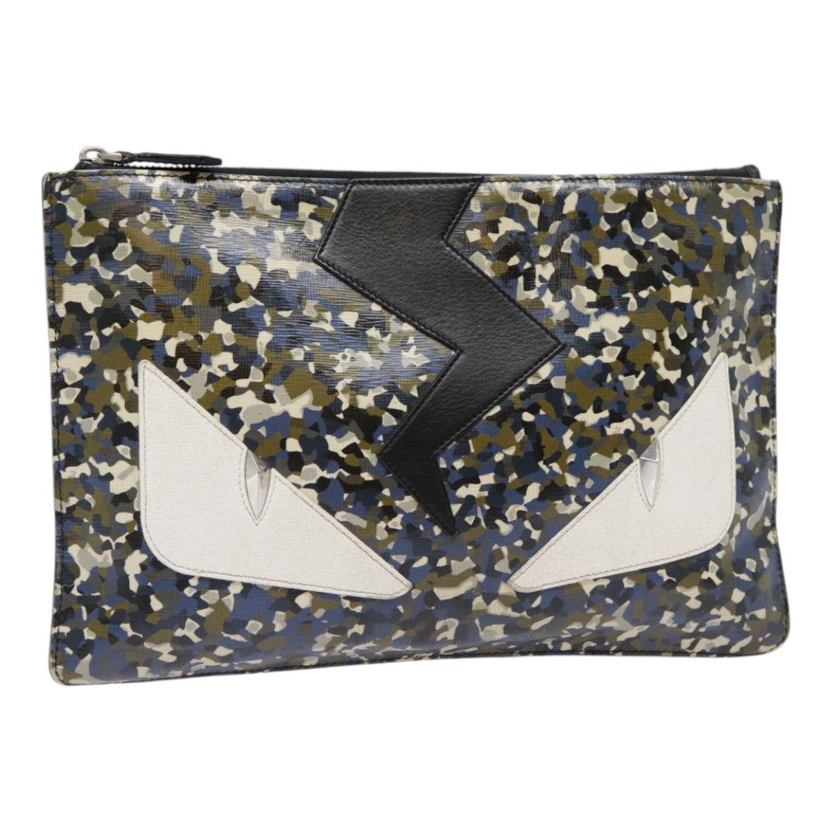 FENDI Bugs Monster Clutch Bag PVC Leather Navy Silver th5282