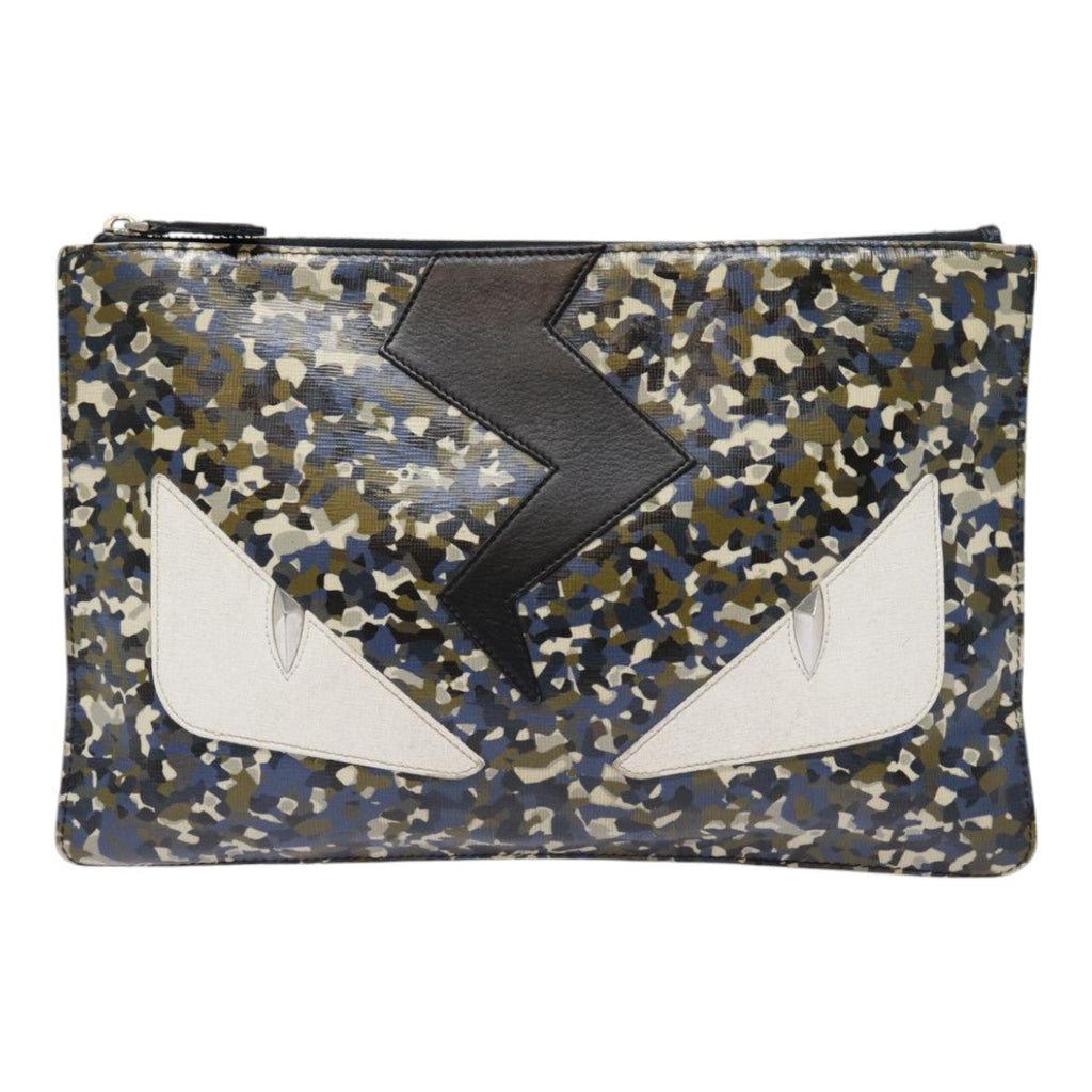 FENDI Bugs Monster Clutch Bag PVC Leather Navy Silver th5282