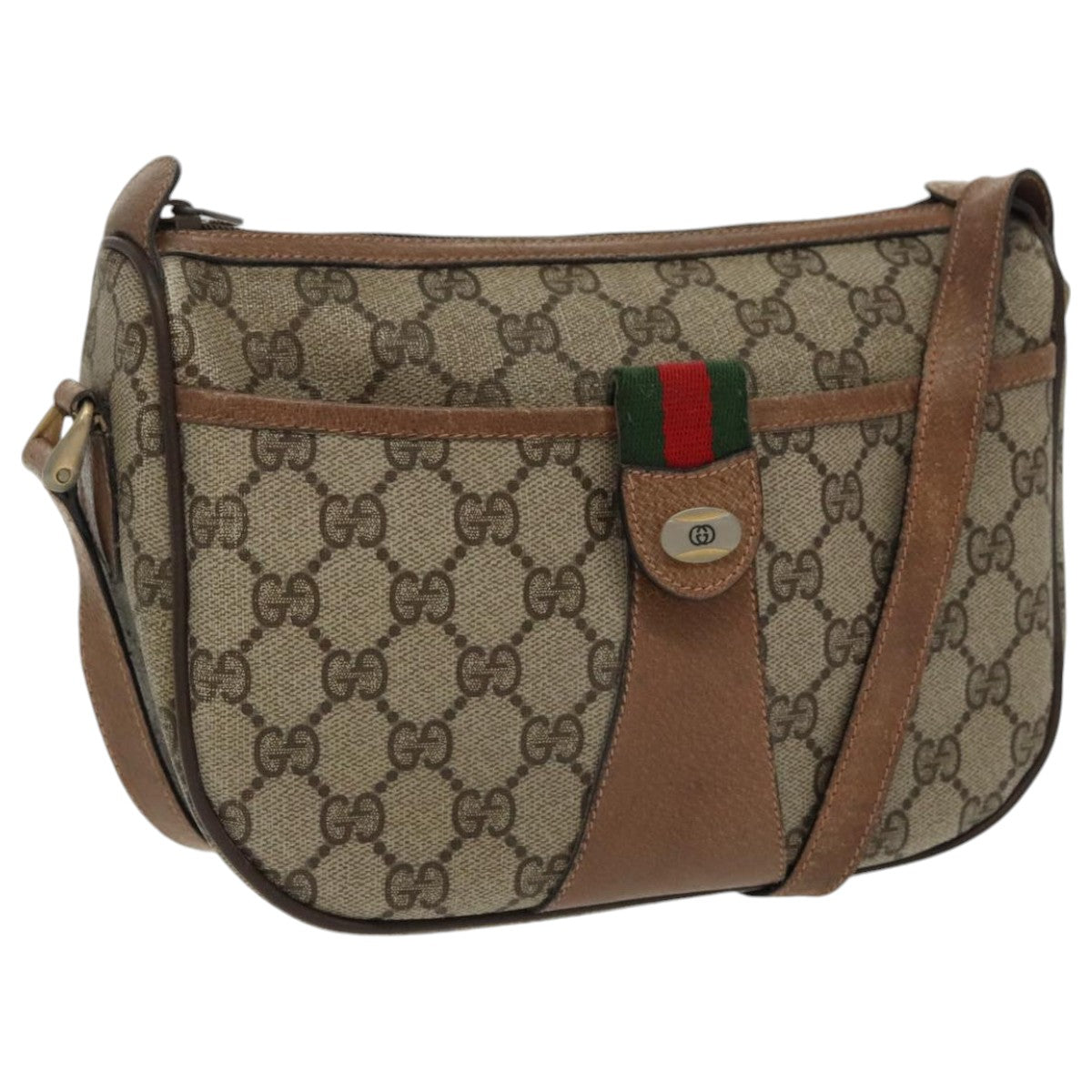 GUCCI GG Supreme Web Sherry Line Shoulder Bag PVC Beige Gold th5387