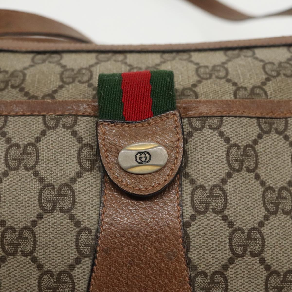 GUCCI GG Supreme Web Sherry Line Shoulder Bag PVC Beige Gold th5387