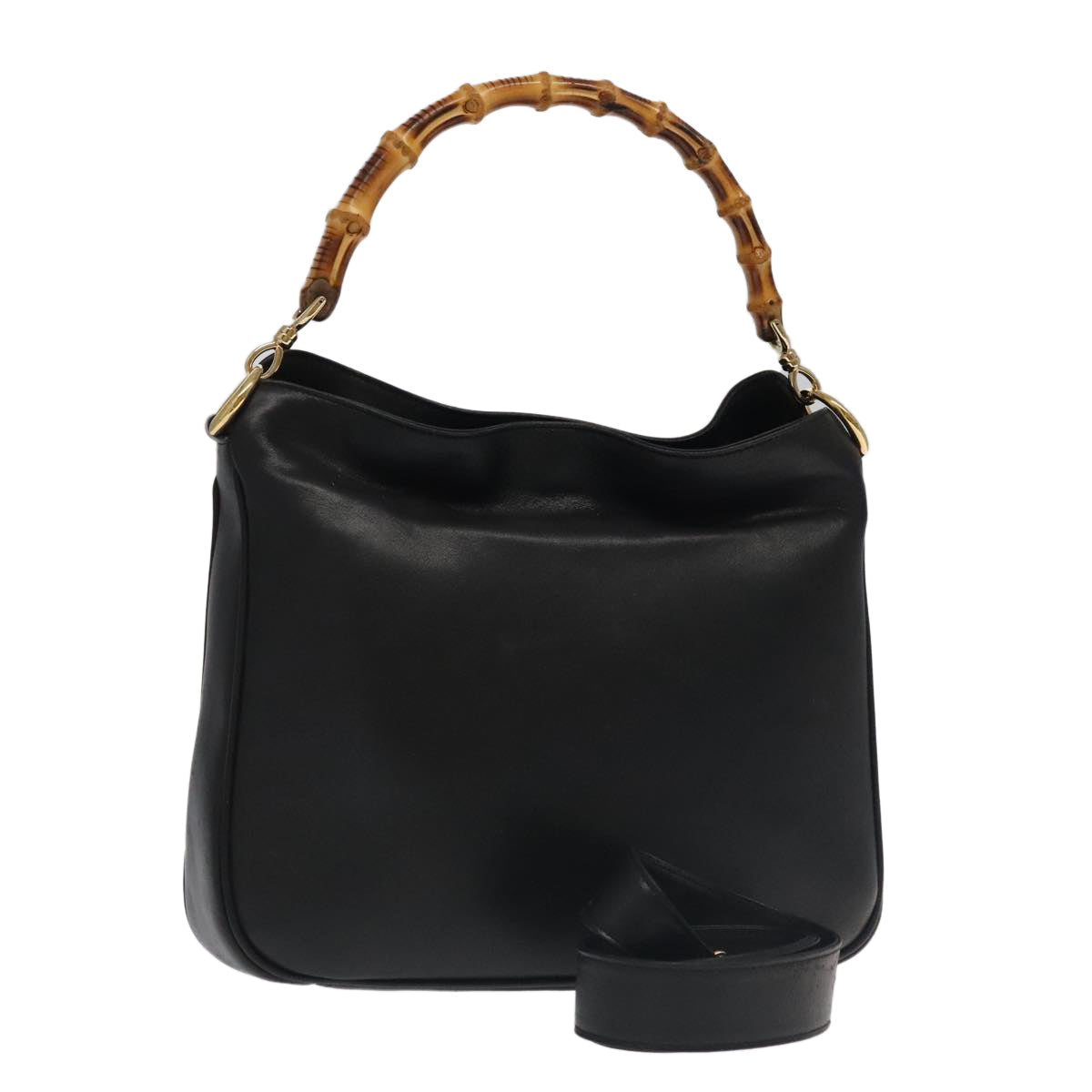 GUCCI Bamboo Hand Bag Leather 2way Black Gold 001 1638 th5433