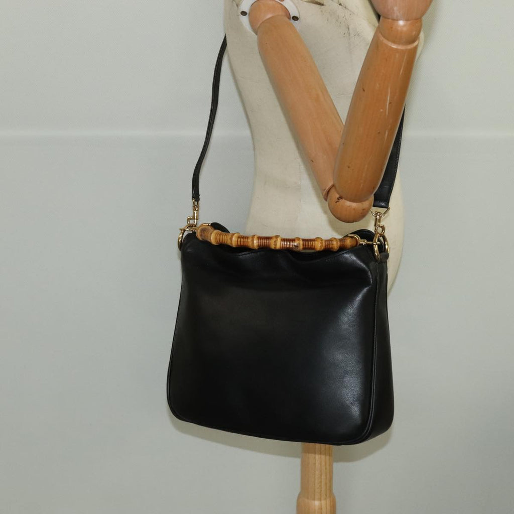 GUCCI Bamboo Hand Bag Leather 2way Black Gold 001 1638 th5433