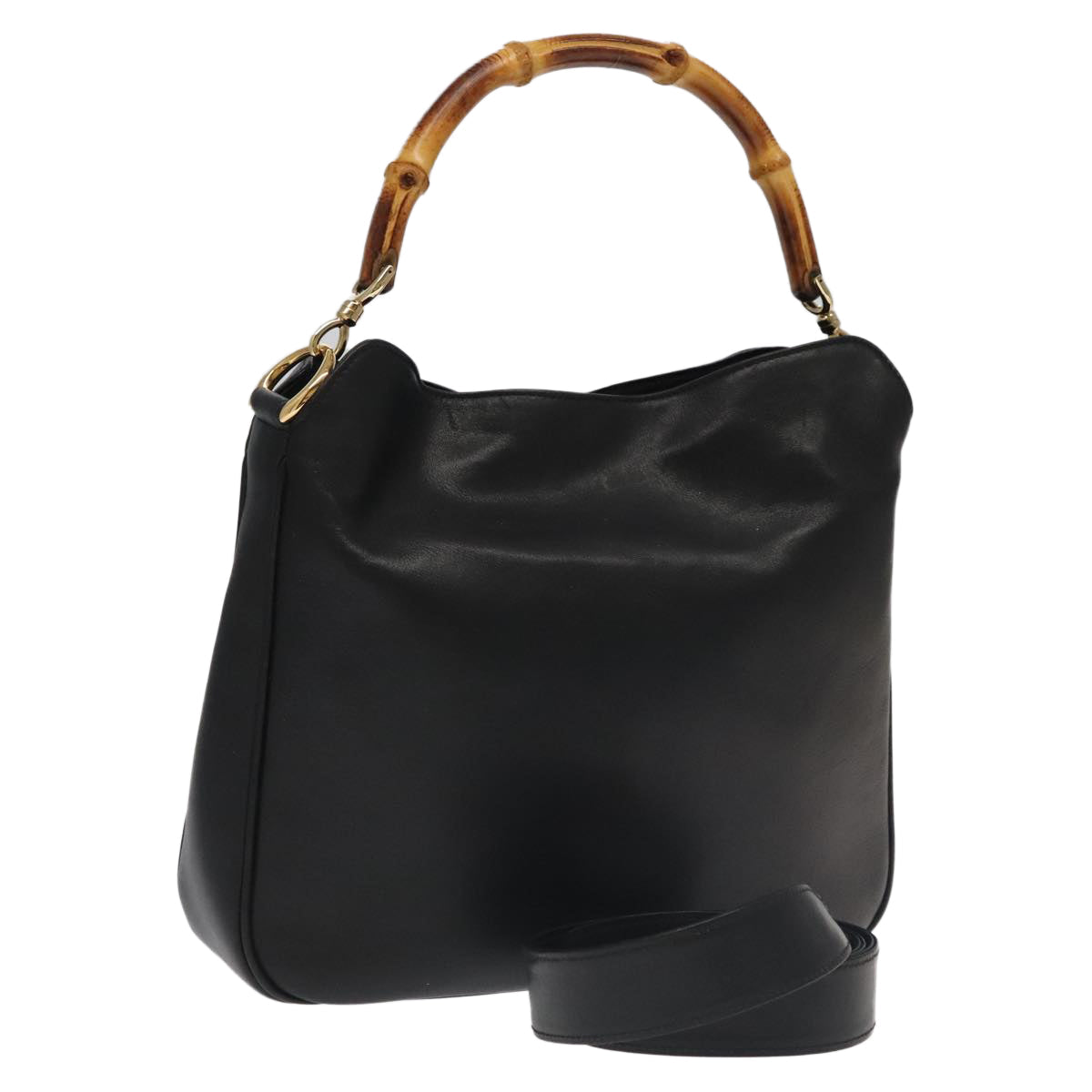 GUCCI Bamboo Hand Bag Leather 2way Black Gold 001 1638 th5438