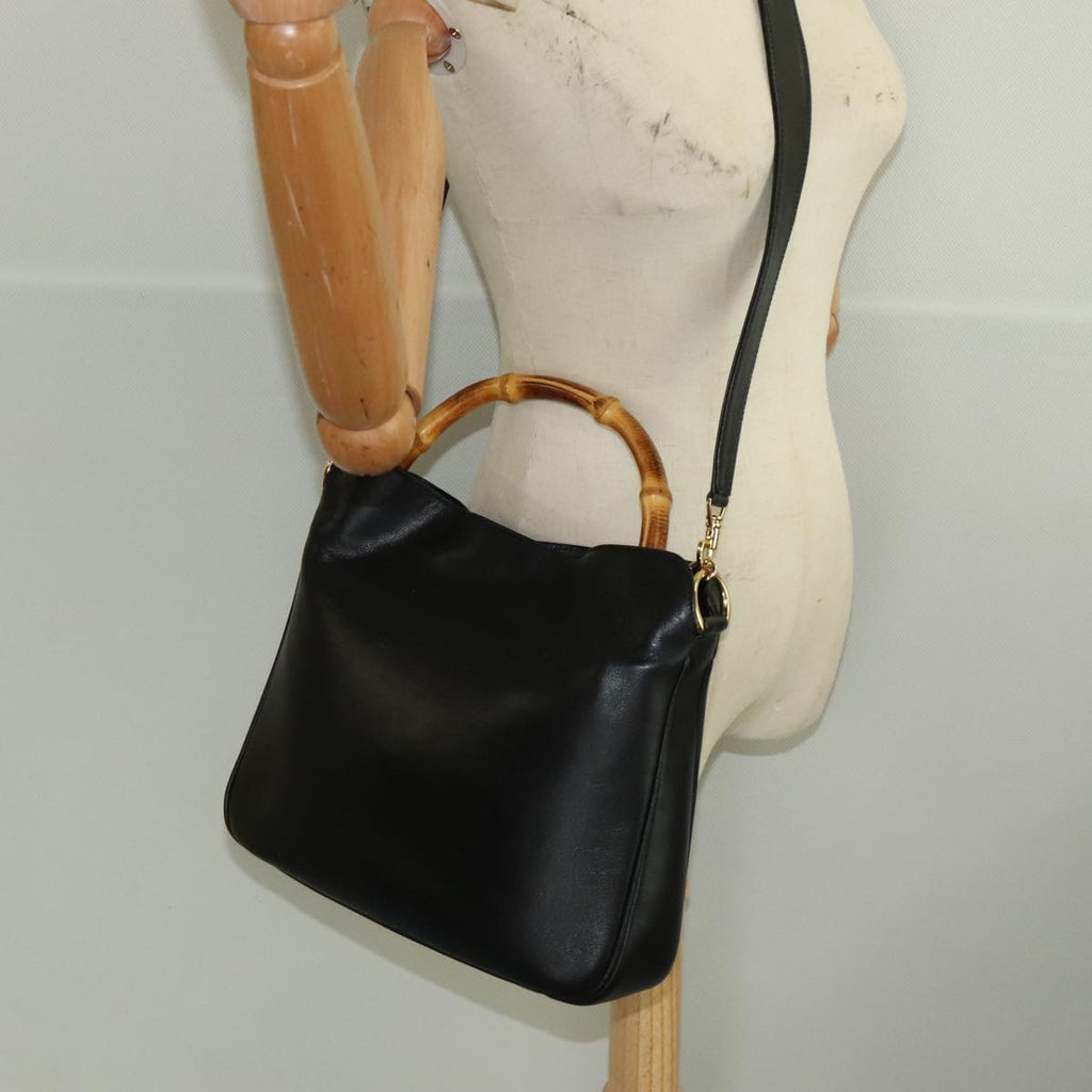 GUCCI Bamboo Hand Bag Leather 2way Black Gold 001 1638 th5438