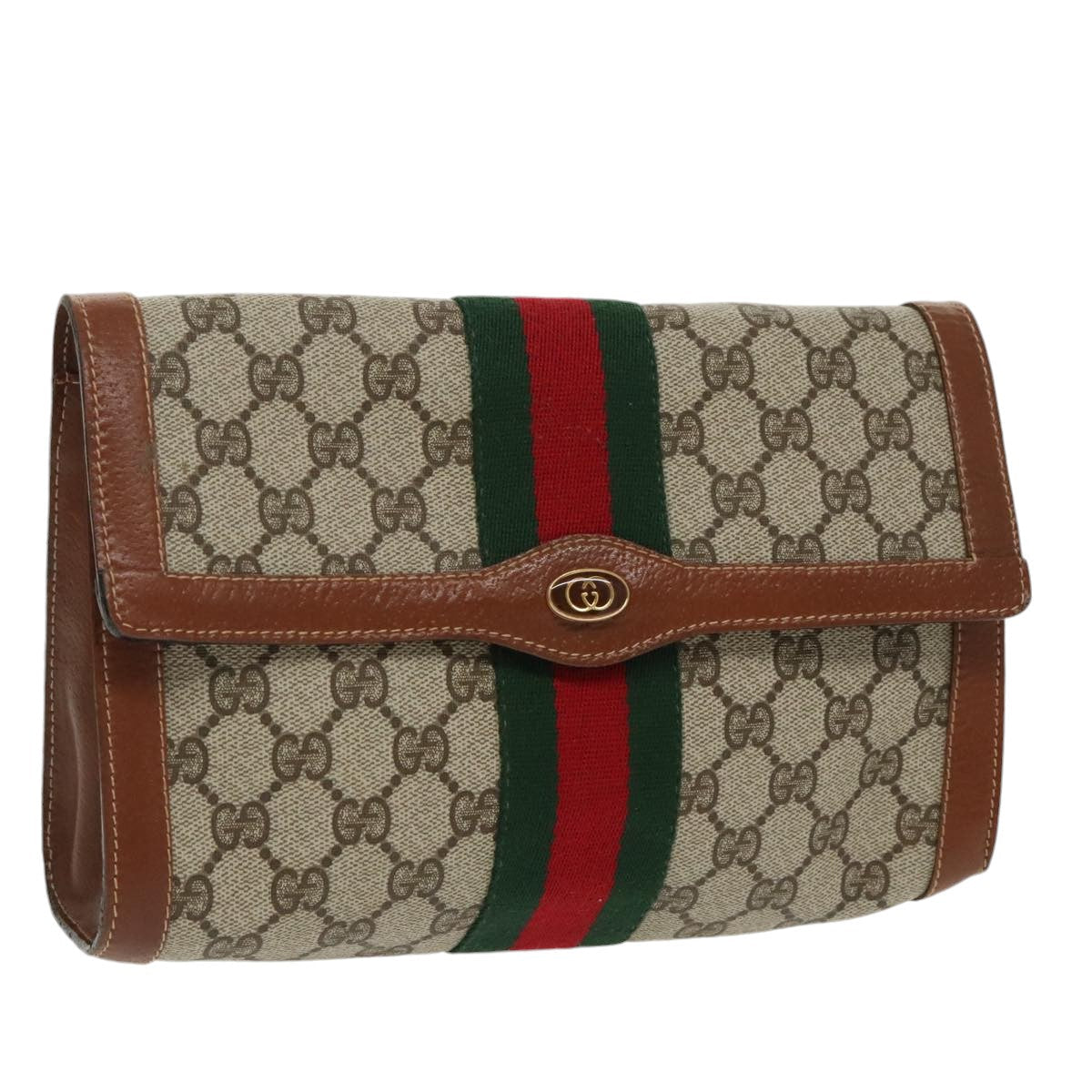 GUCCI GG Supreme Web Sherry Line Clutch Bag PVC Beige Red Green th5443