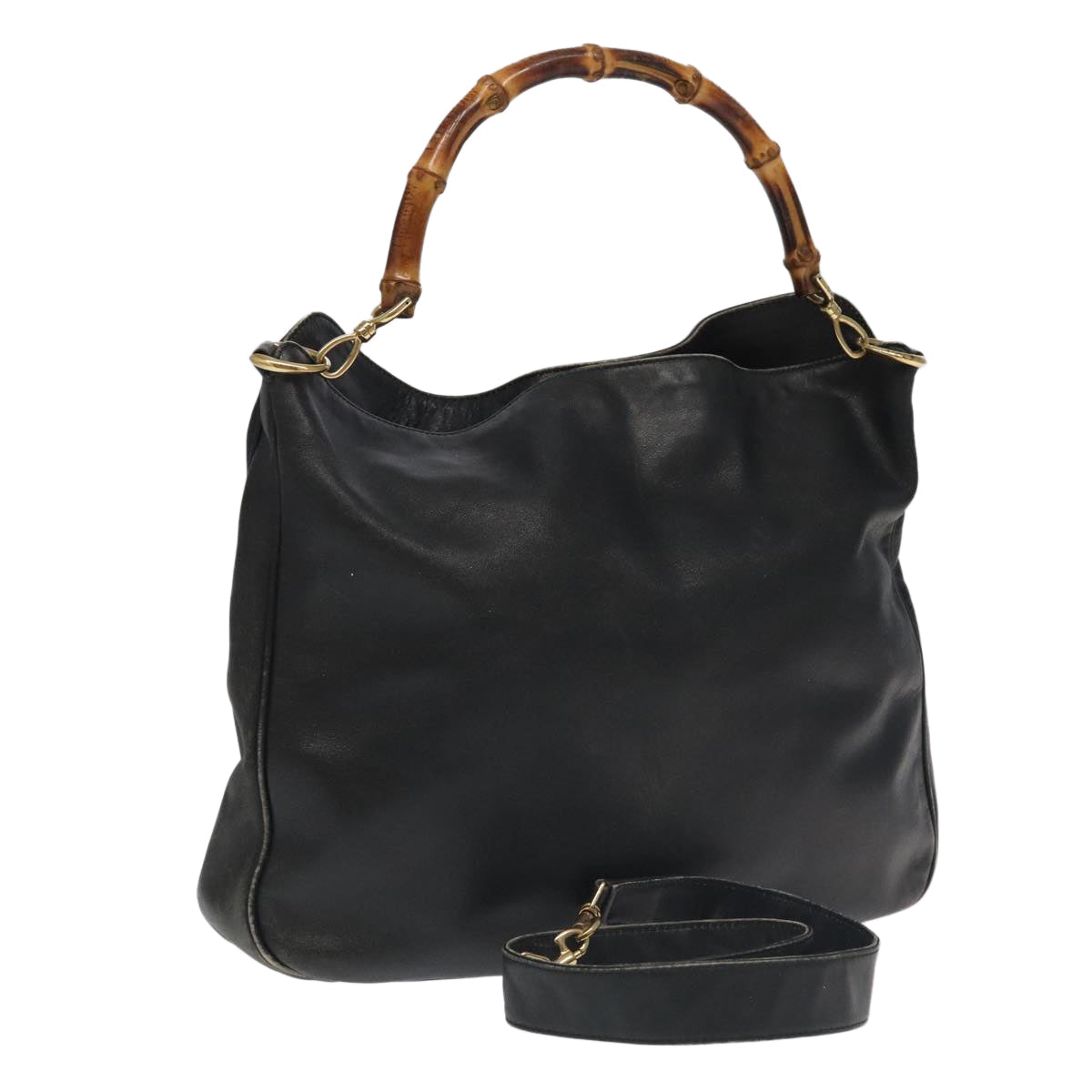 GUCCI Bamboo Shoulder Bag Leather 2way Black Gold 001.123.1577 th5460