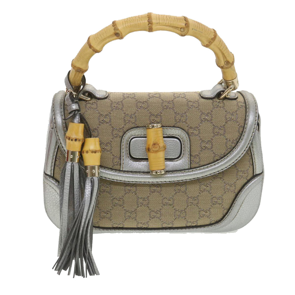GUCCI GG Canvas Bamboo Hand Bag Beige Silver 254884 yk6106