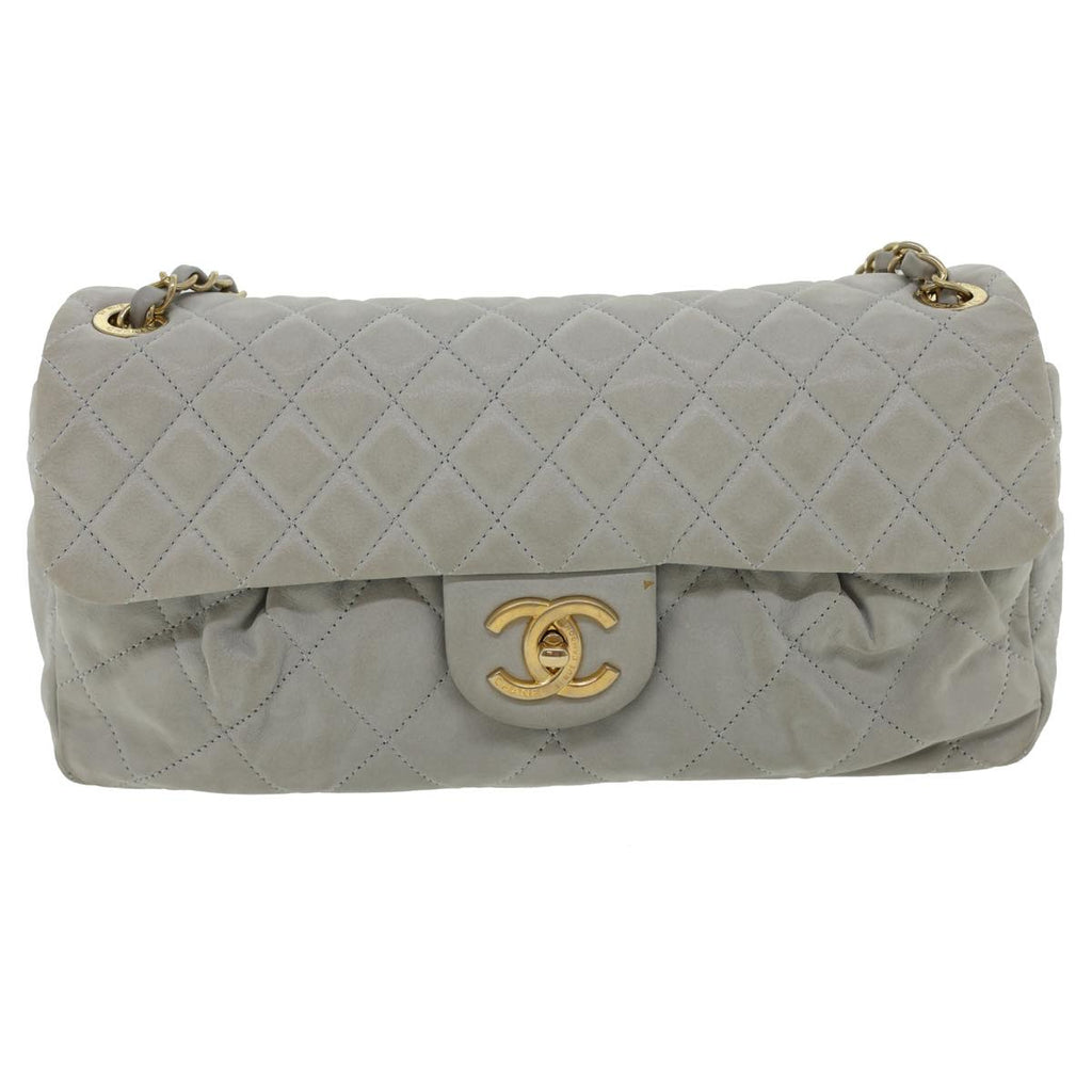 CHANEL Lamb Skin Matelasse Double Chain Shoulder Bag Gray CC am1097gA