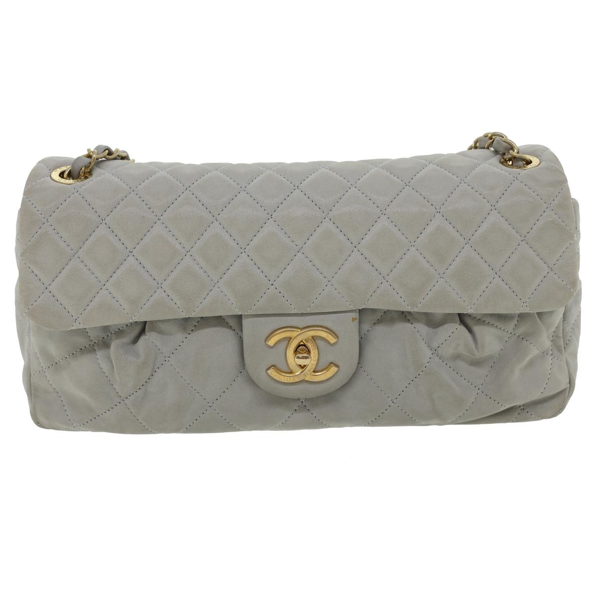 CHANEL Lamb Skin Matelasse Double Chain Shoulder Bag Gray CC am1097gA