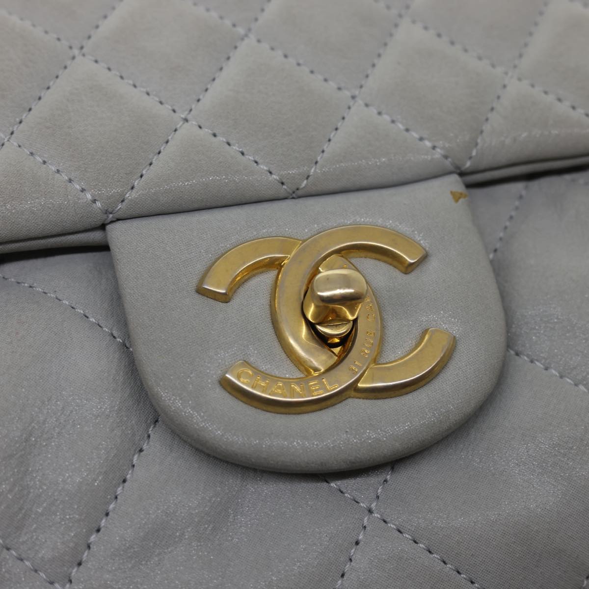 CHANEL Lamb Skin Matelasse Double Chain Shoulder Bag Gray CC am1097gA