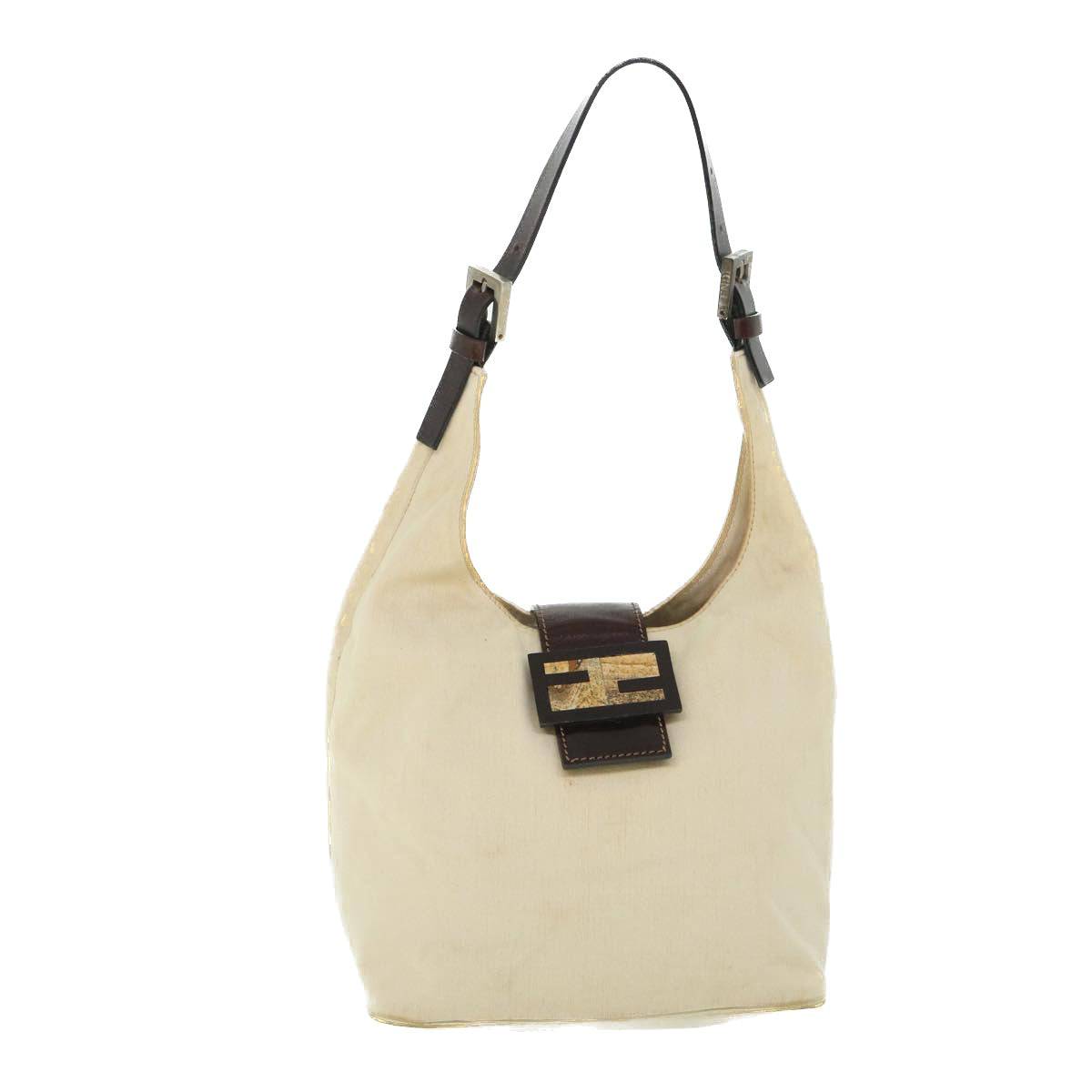 FENDI Mamma Baguette Shoulder Bag Canvas Leather Beige Brown ti1234