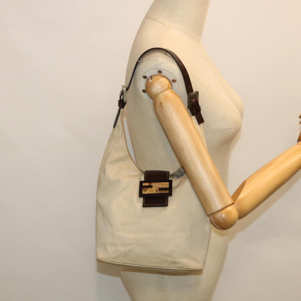 FENDI Mamma Baguette Shoulder Bag Canvas Leather Beige Brown ti1234
