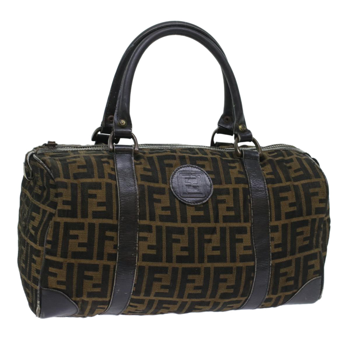 FENDI Zucca Canvas Boston Bag Leather Black Brown ti1235