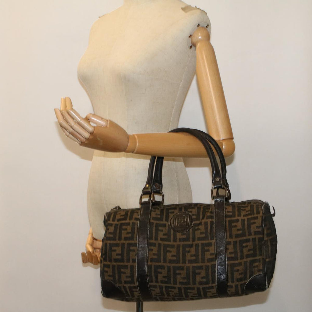 FENDI Zucca Canvas Boston Bag Leather Black Brown ti1235