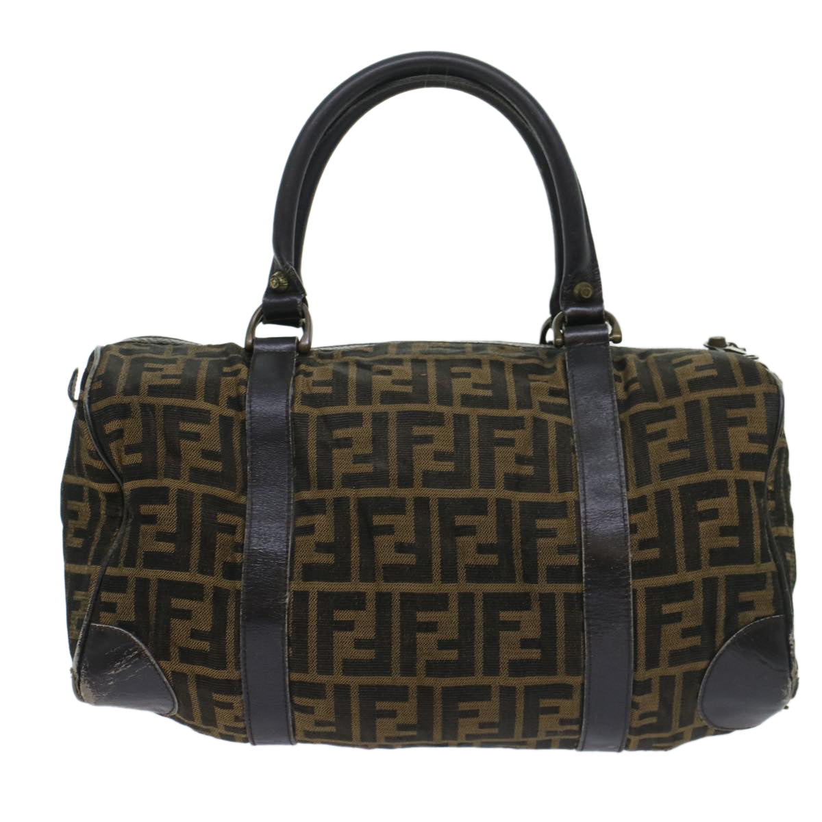 FENDI Zucca Canvas Boston Bag Leather Black Brown ti1235