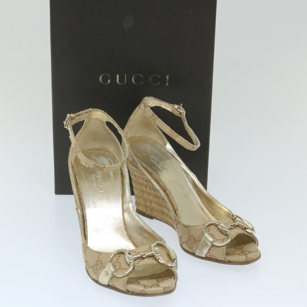 GUCCI GG Canvas High Heels 34C Beige Gold ti1313