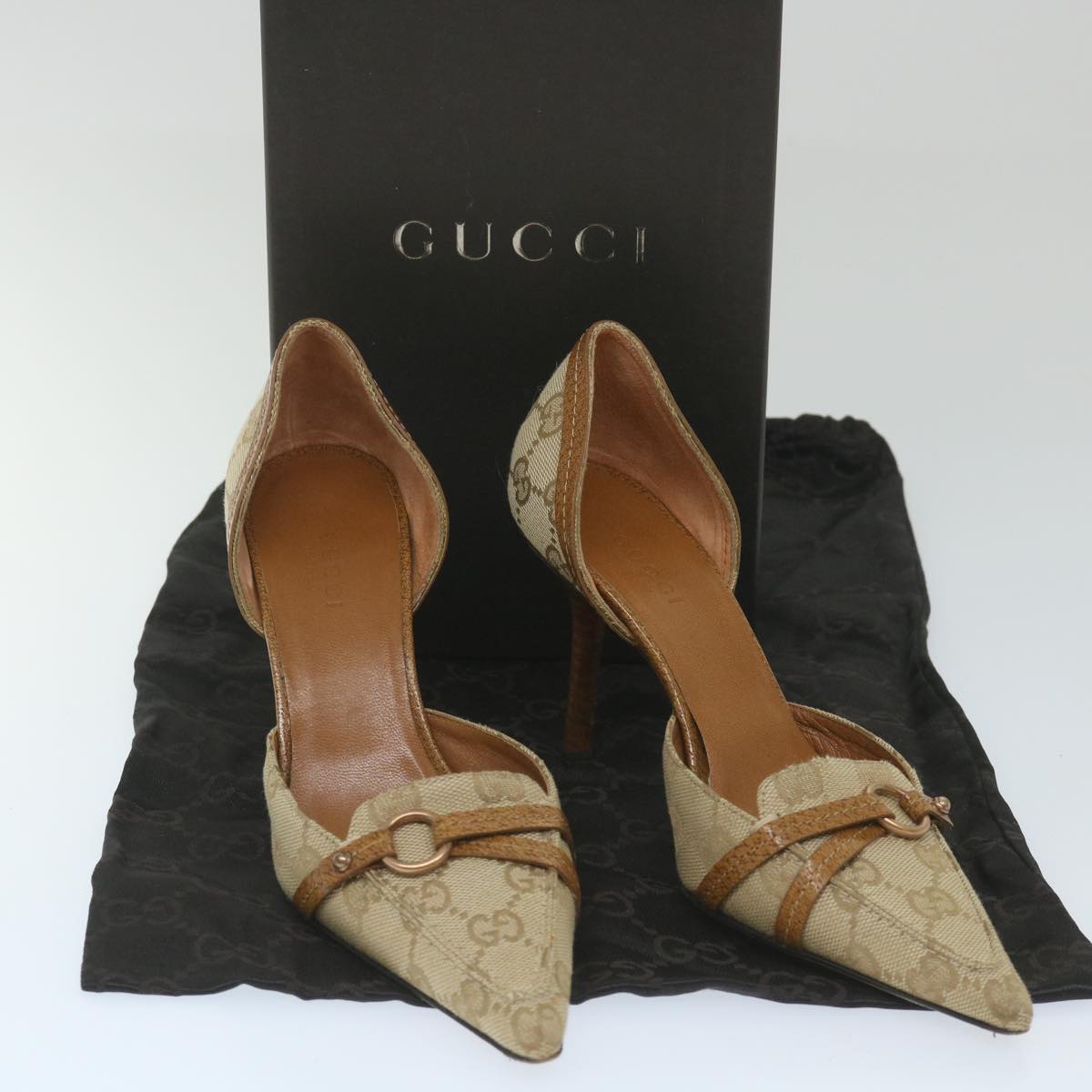 GUCCI GG Canvas High Heels 34.5C Beige ti1314