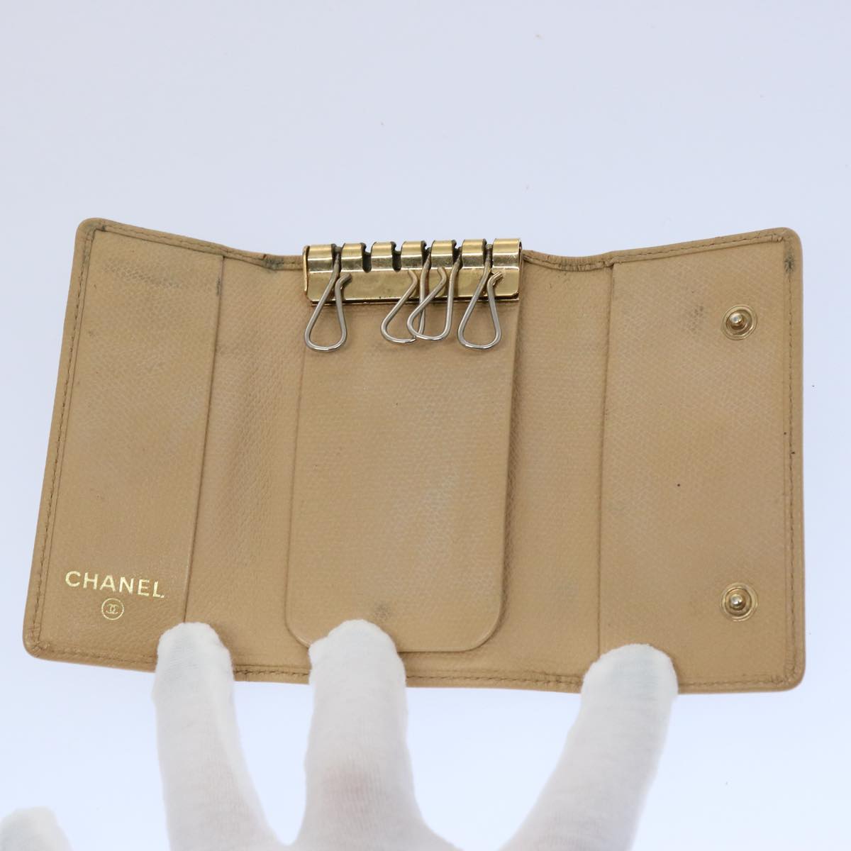 CHANEL Key Case Leather Beige CC ti1413