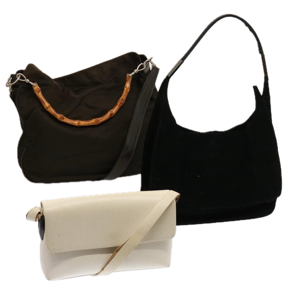 GUCCI Bamboo Shoulder Bag Suede Leather 3Set White Black Brown ti1672