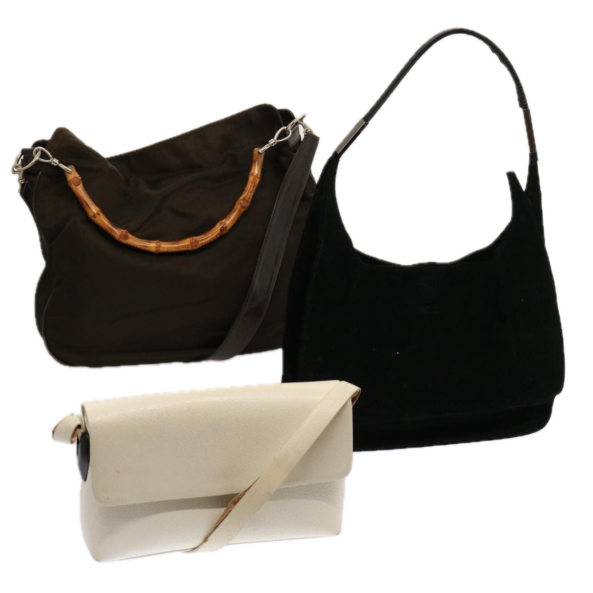 GUCCI Bamboo Shoulder Bag Suede Leather 3Set White Black Brown ti1672