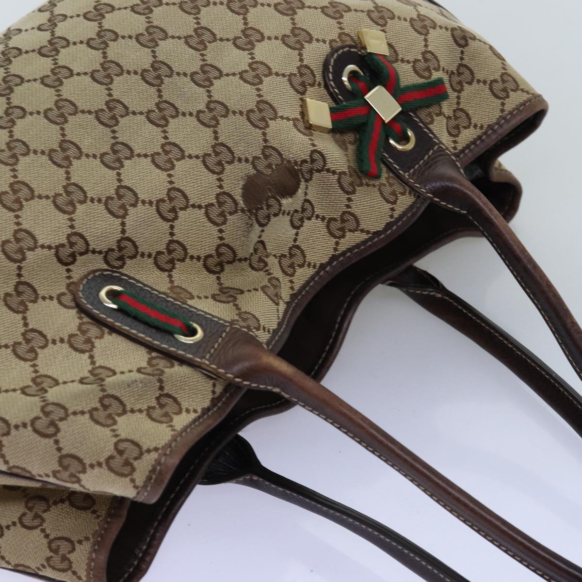 GUCCI GG Canvas Web Sherry Line Tote Bag Beige Green Red ti1682