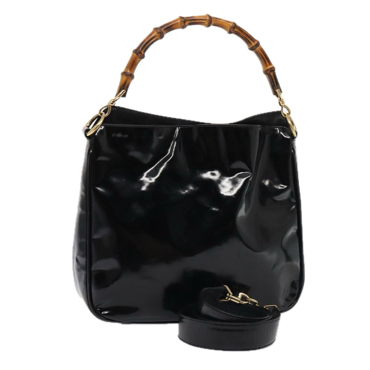 GUCCI Bamboo Hand Bag Enamel 2way Black 001 1638 2615 ti1902