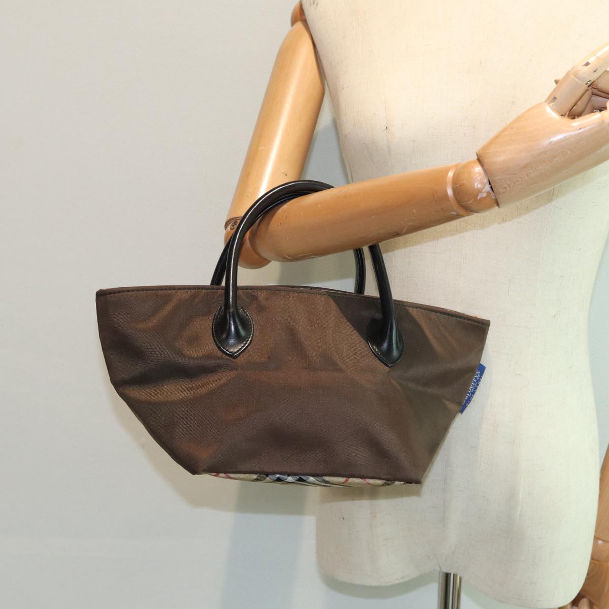 BURBERRY Nova Check Hand Bag Nylon Brown Black Silver ti1962
