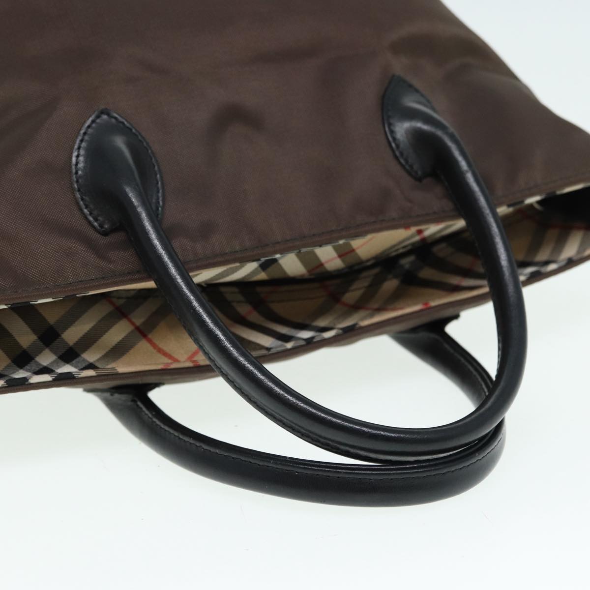 BURBERRY Nova Check Hand Bag Nylon Brown Black Silver ti1962