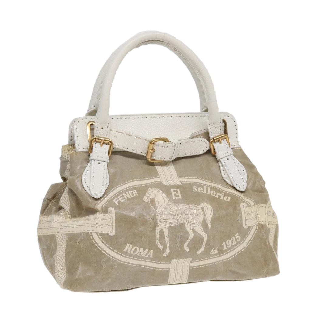 FENDI Hand Bag Nylon Leather Beige Gold ti2008