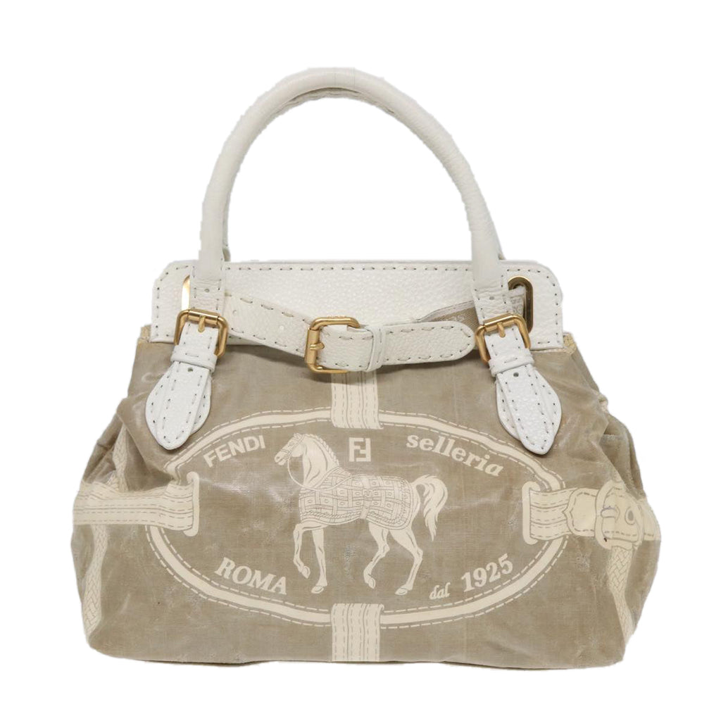 FENDI Hand Bag Nylon Leather Beige Gold ti2008