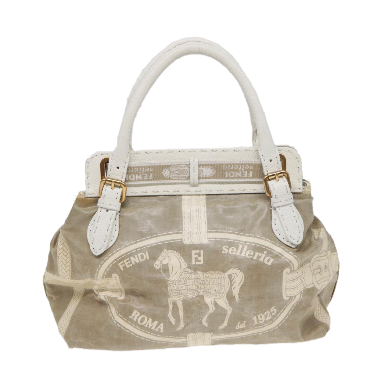 FENDI Hand Bag Nylon Leather Beige Gold ti2008