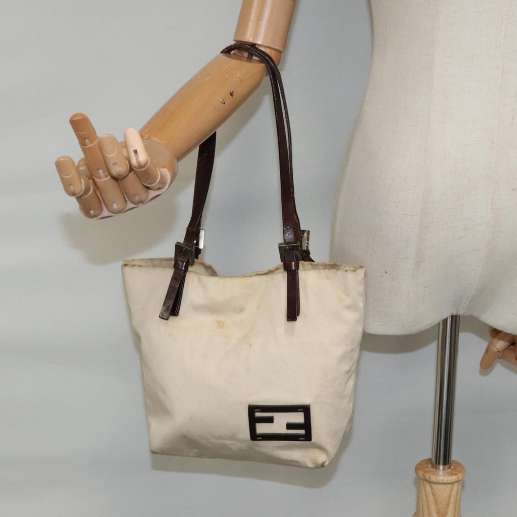 FENDI Hand Bag Canvas Leather Beige Brown Silver ti2134