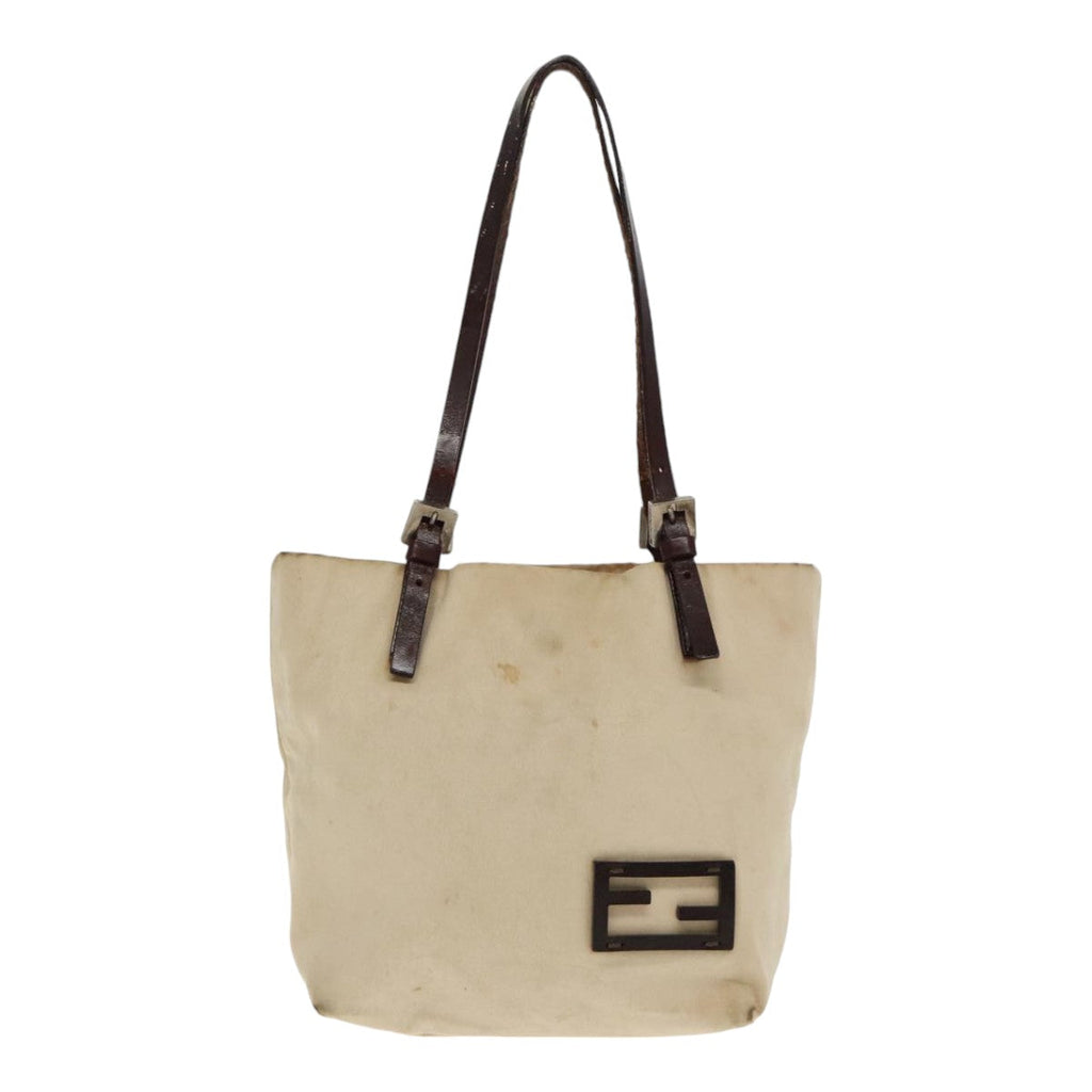 FENDI Hand Bag Canvas Leather Beige Brown Silver ti2134