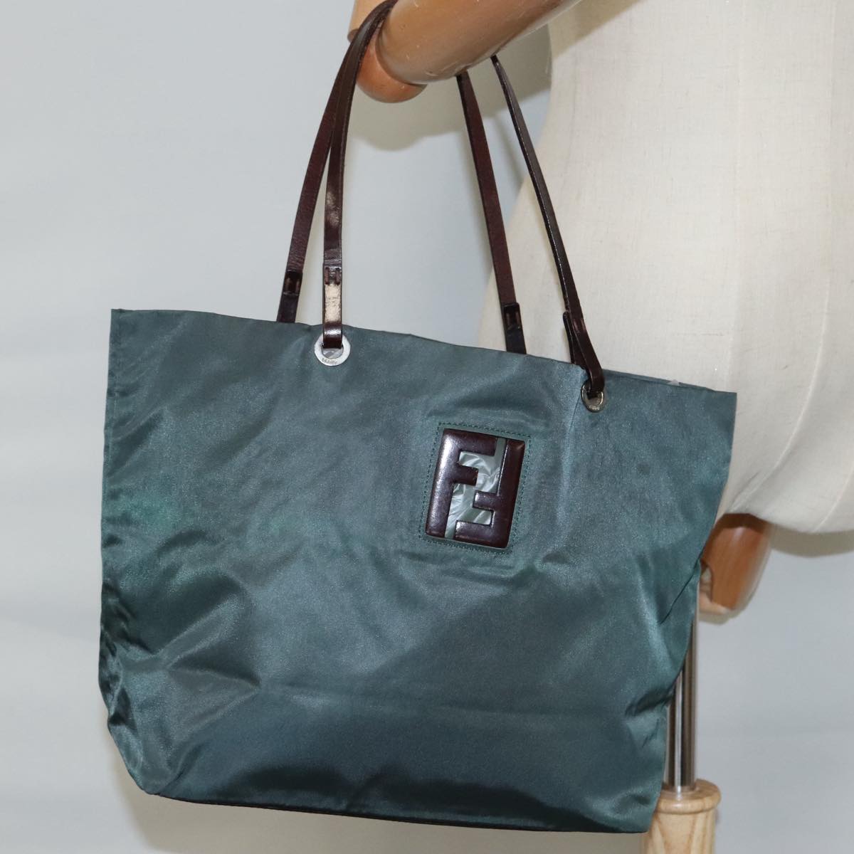 FENDI Hand Bag Nylon Khaki Brown Silver ti2137