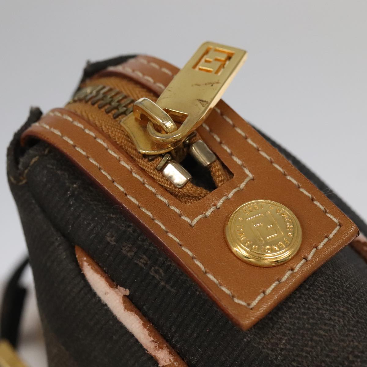FENDI Pecan Canvas Boston Bag Brown Black Gold ti2145