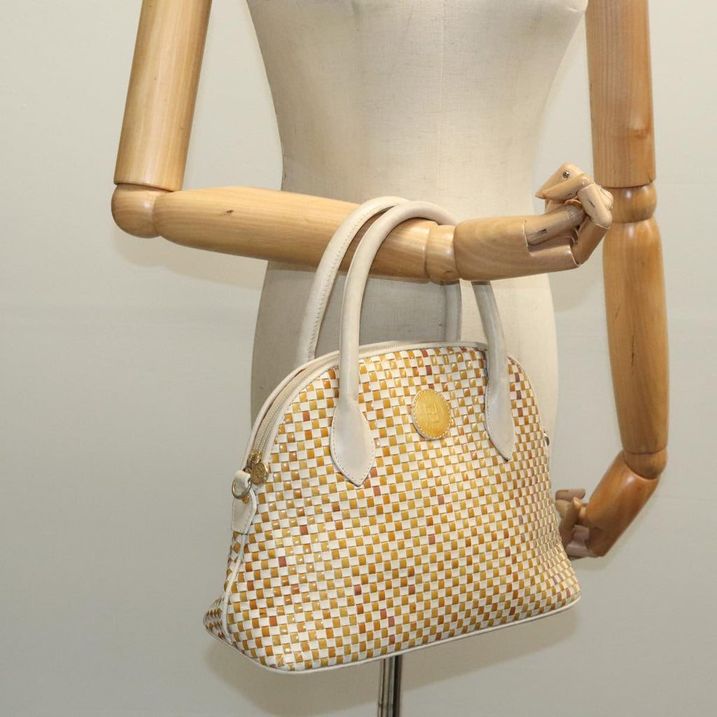 FENDI Hand Bag Leather White Brown ti2186