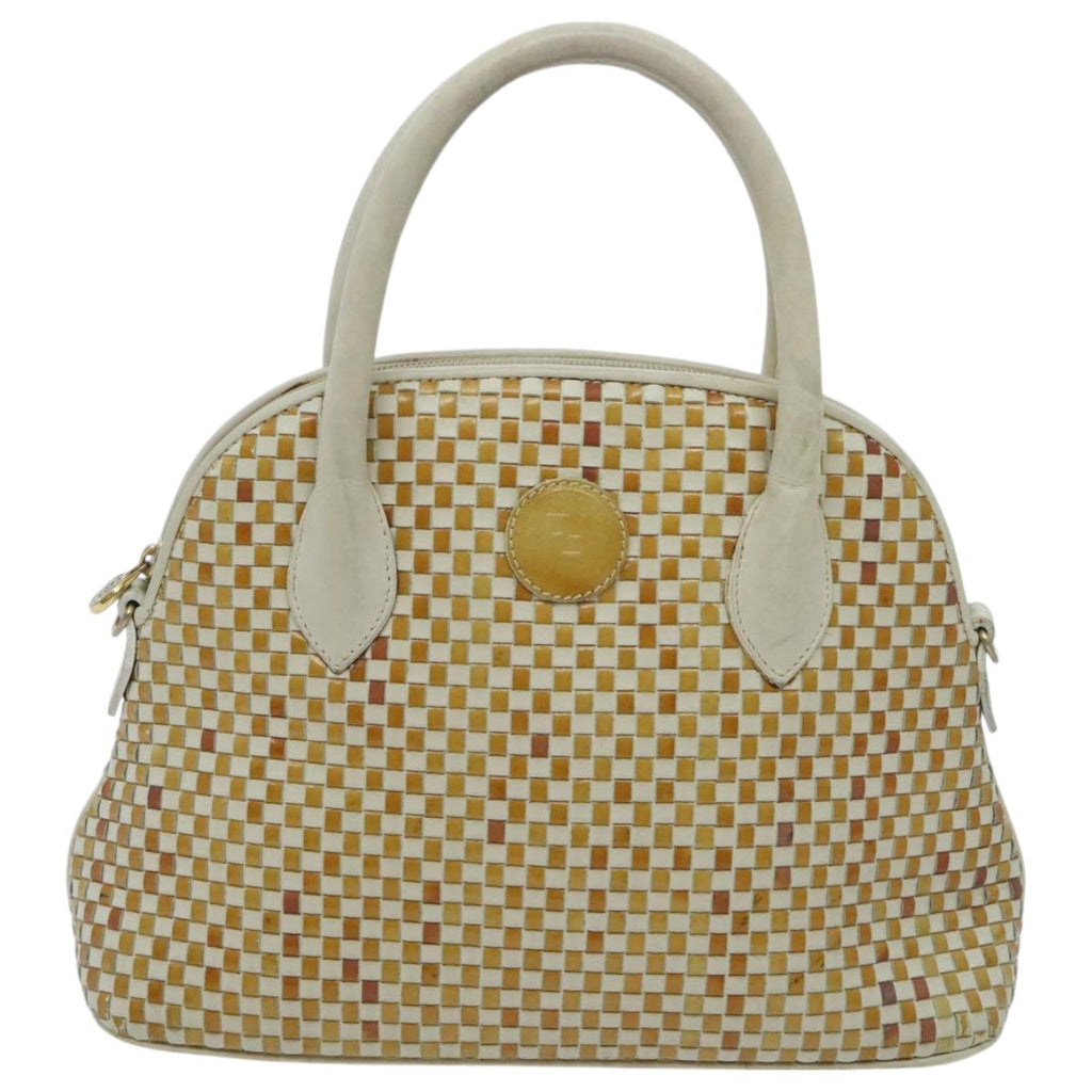 FENDI Hand Bag Leather White Brown ti2186