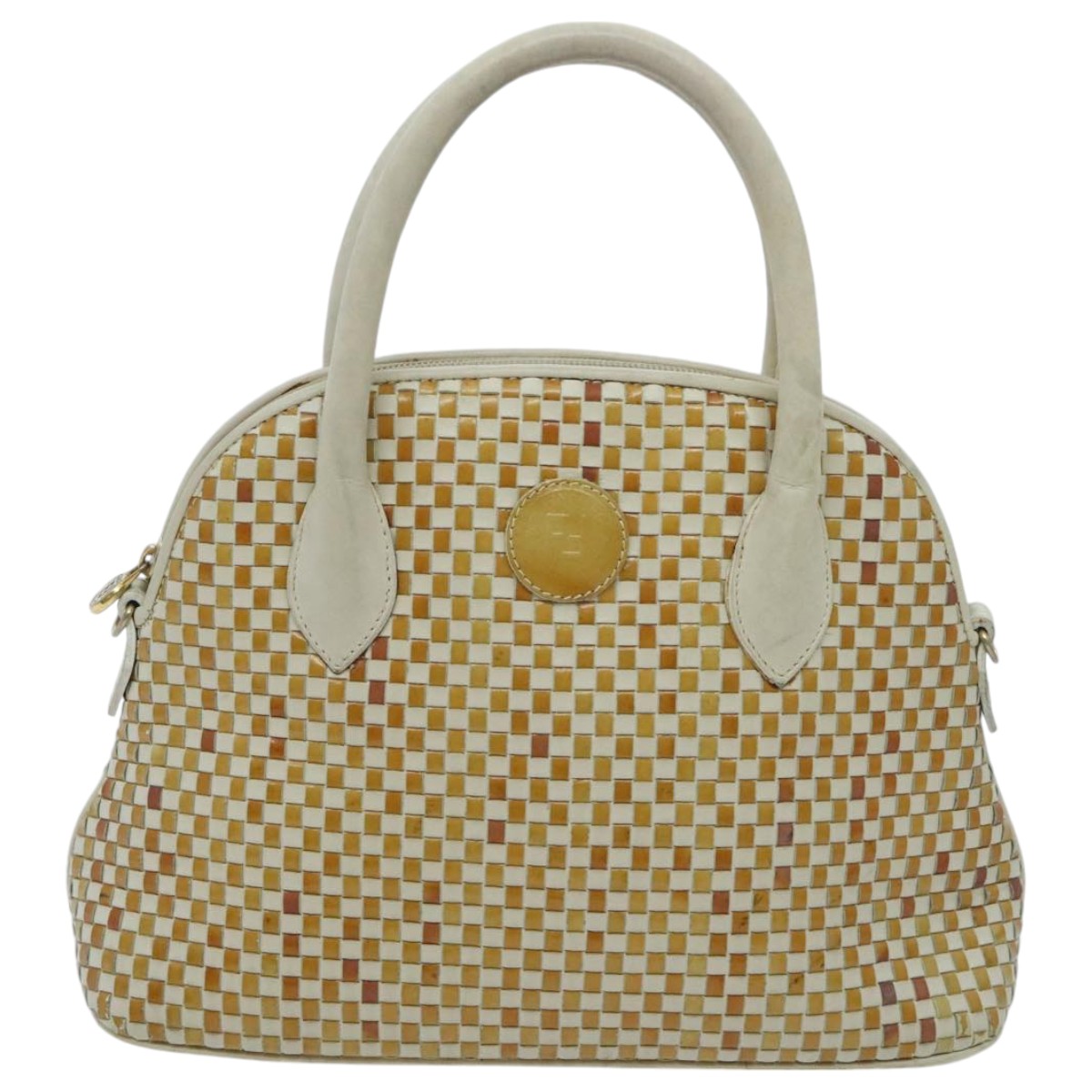 FENDI Hand Bag Leather White Brown ti2186