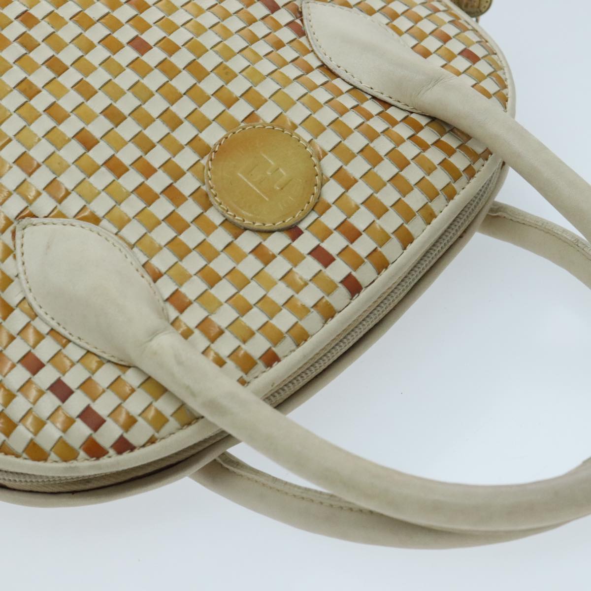 FENDI Hand Bag Leather White Brown ti2186