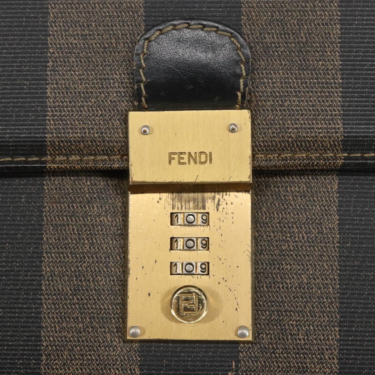 FENDI Pecan Canvas Business Bag PVC Leather Brown Black Gold ti2321
