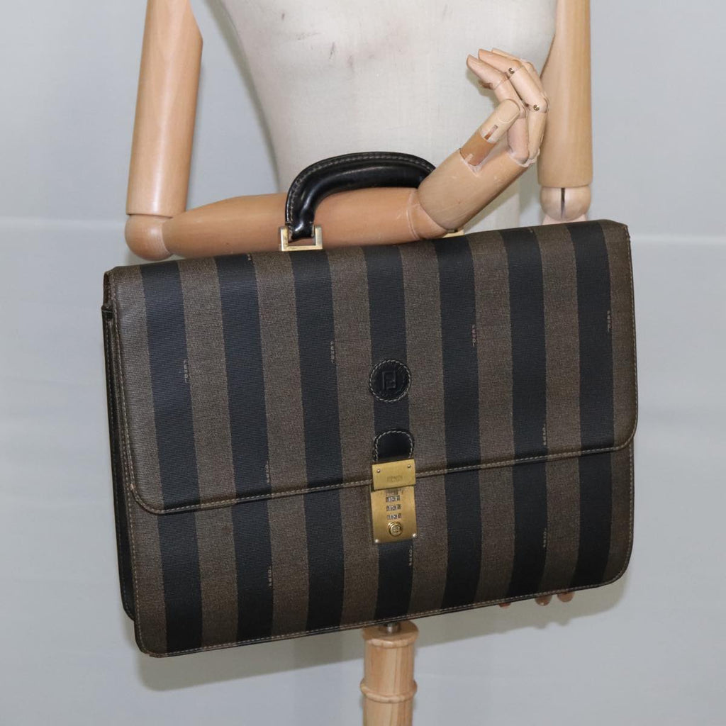 FENDI Pecan Canvas Business Bag PVC Leather Brown Black Gold ti2321
