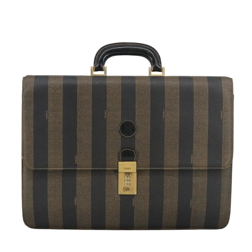 FENDI Pecan Canvas Business Bag PVC Leather Brown Black Gold ti2321