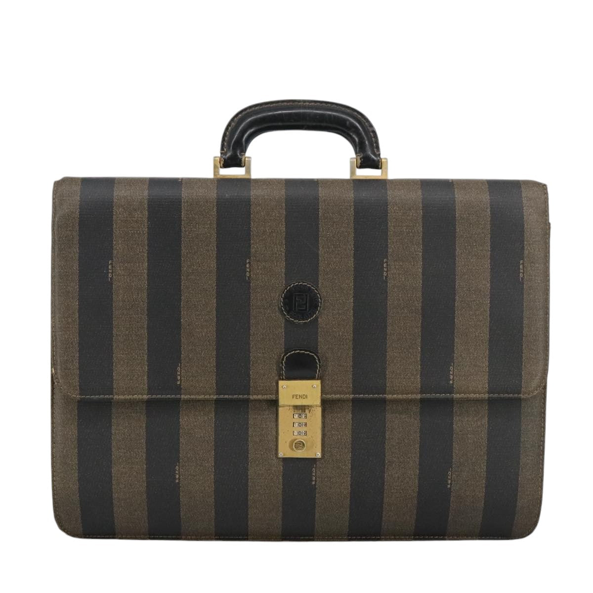 FENDI Pecan Canvas Business Bag PVC Leather Brown Black Gold ti2321