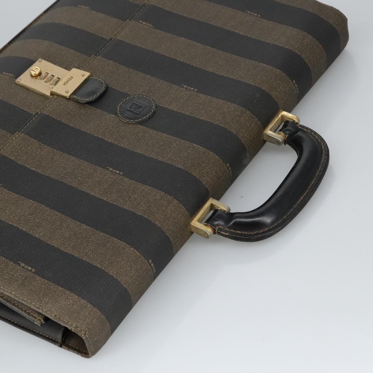 FENDI Pecan Canvas Business Bag PVC Leather Brown Black Gold ti2321