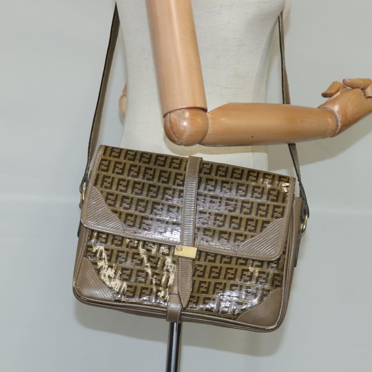 FENDI Zucchino Canvas Shoulder Bag Coated Canvas Brown ti2323