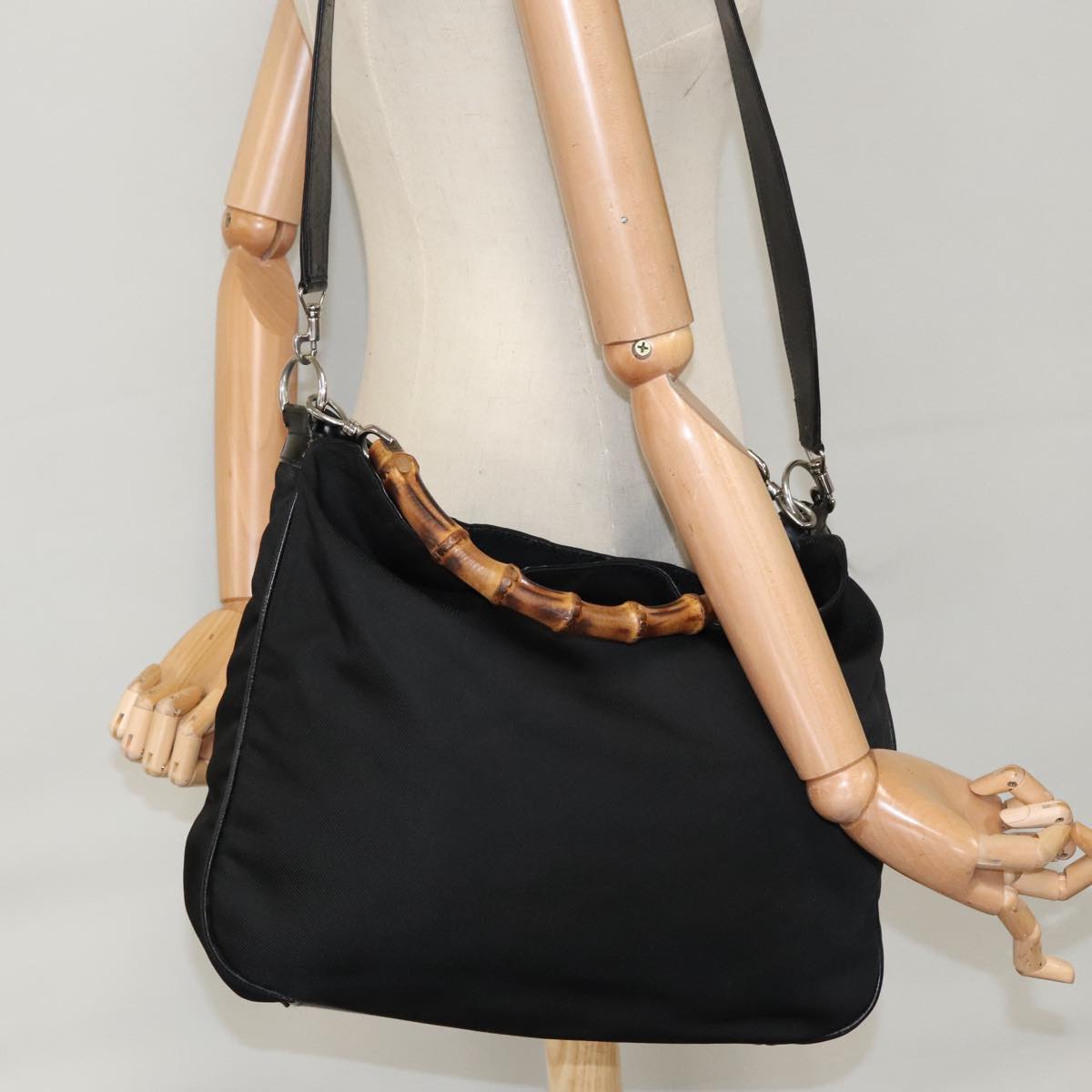 GUCCI Bamboo Hand Bag Nylon Leather 2way Black Silver ti2334