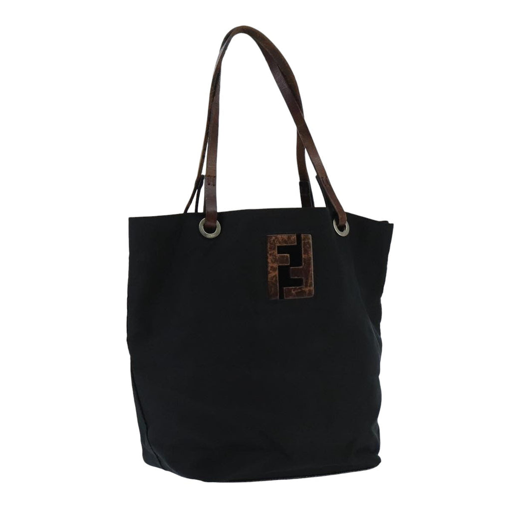 FENDI Hand Bag Nylon Leather Black Brown Silver ti2337