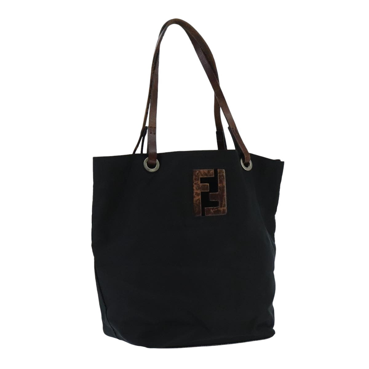 FENDI Hand Bag Nylon Leather Black Brown Silver ti2337